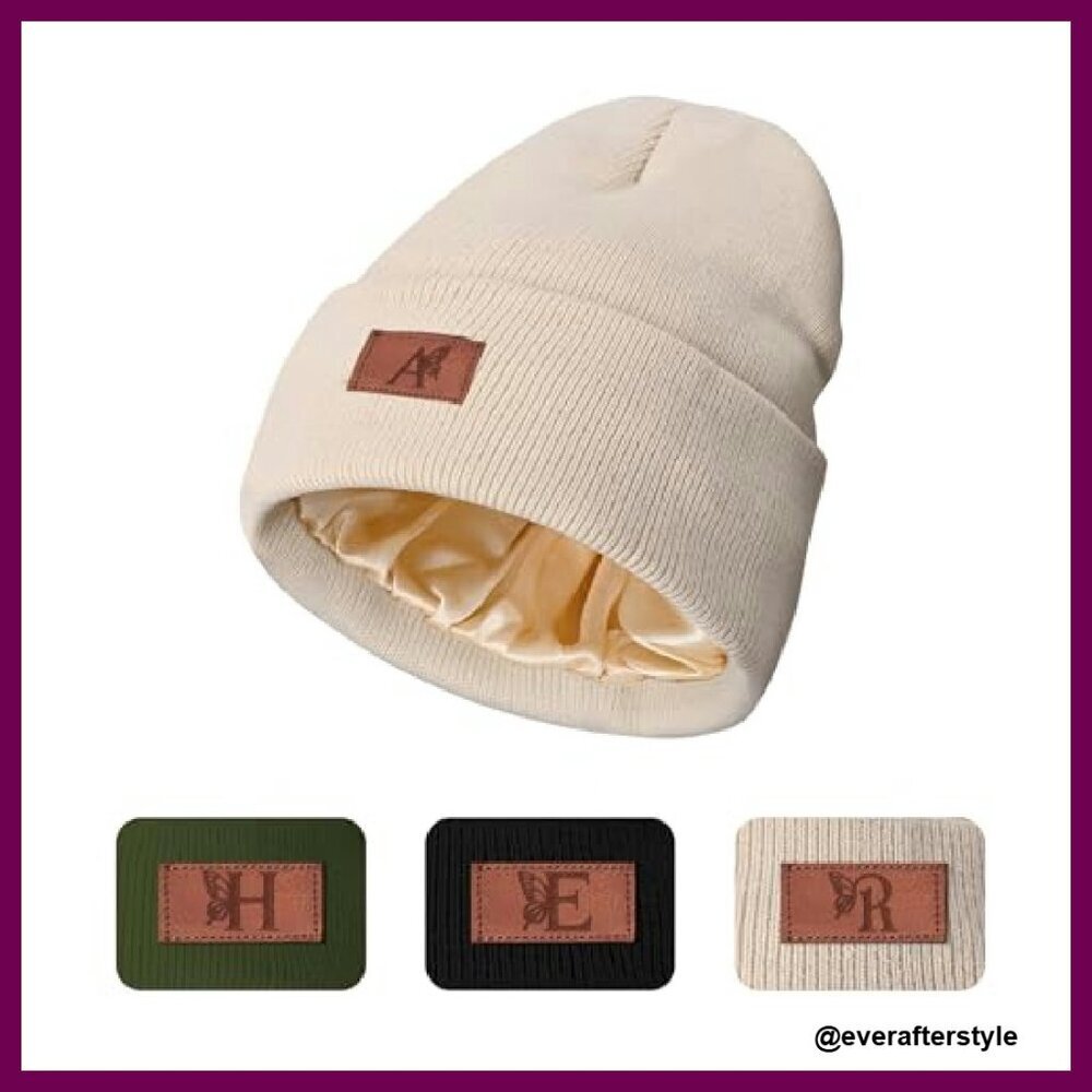 Satin Lined Beanie Winter Hat Personalized Monogram Letter Women's Accessory - Picture 2 of 8